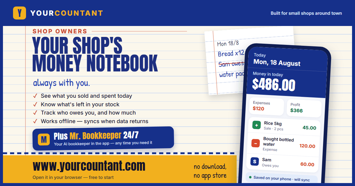 Yourcountant — your shop's money notebook, always with you. See what you sold and spent today, know your stock, track who owes you, works offline, plus Mr. Bookkeeper, your AI bookkeeper.